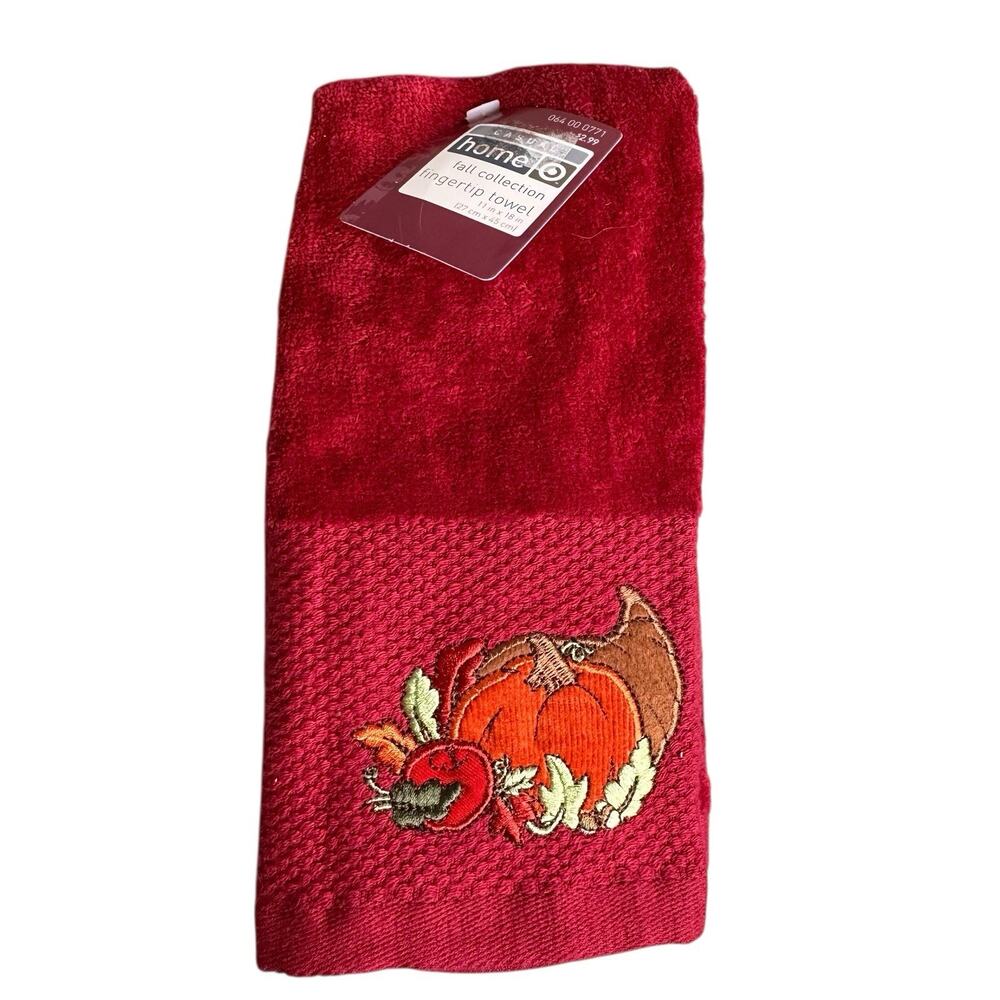 Vintage Towel Set Harvest Fingertip Towels Burgundy Pumpkins Cornucopia